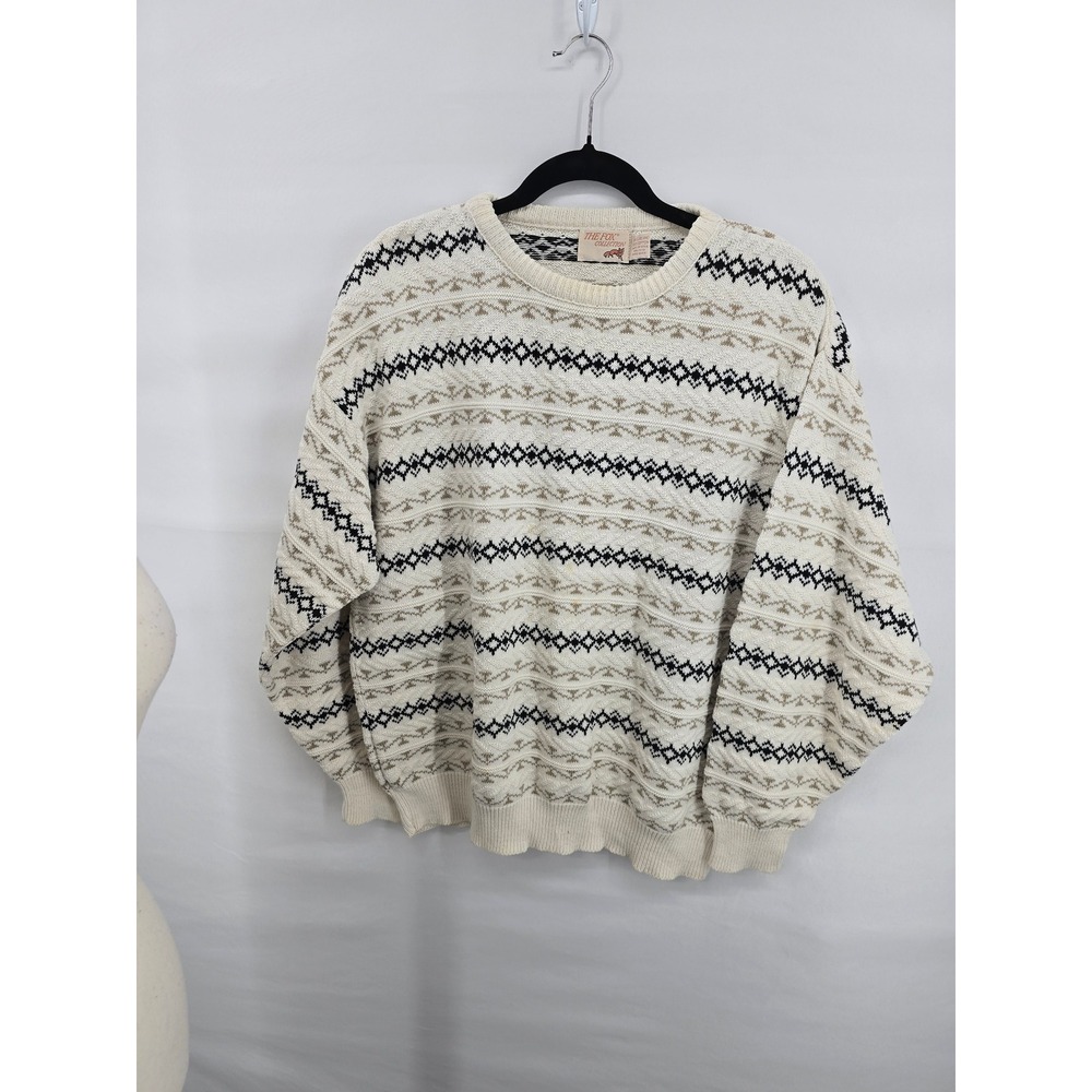Vintage The Fox Collection Mens Large Cream Fair Isle Cotton Knit Sweater USA